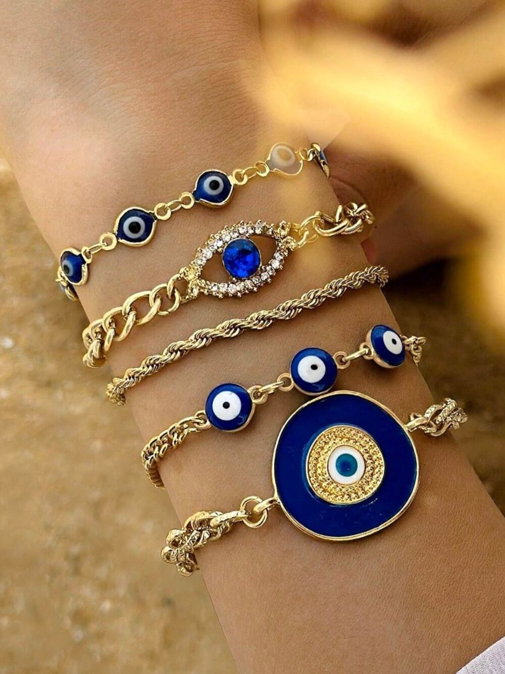 🧿 5PC Evil Eye Bracelet Set Blue Gold Rhinestone Layered Jewelry